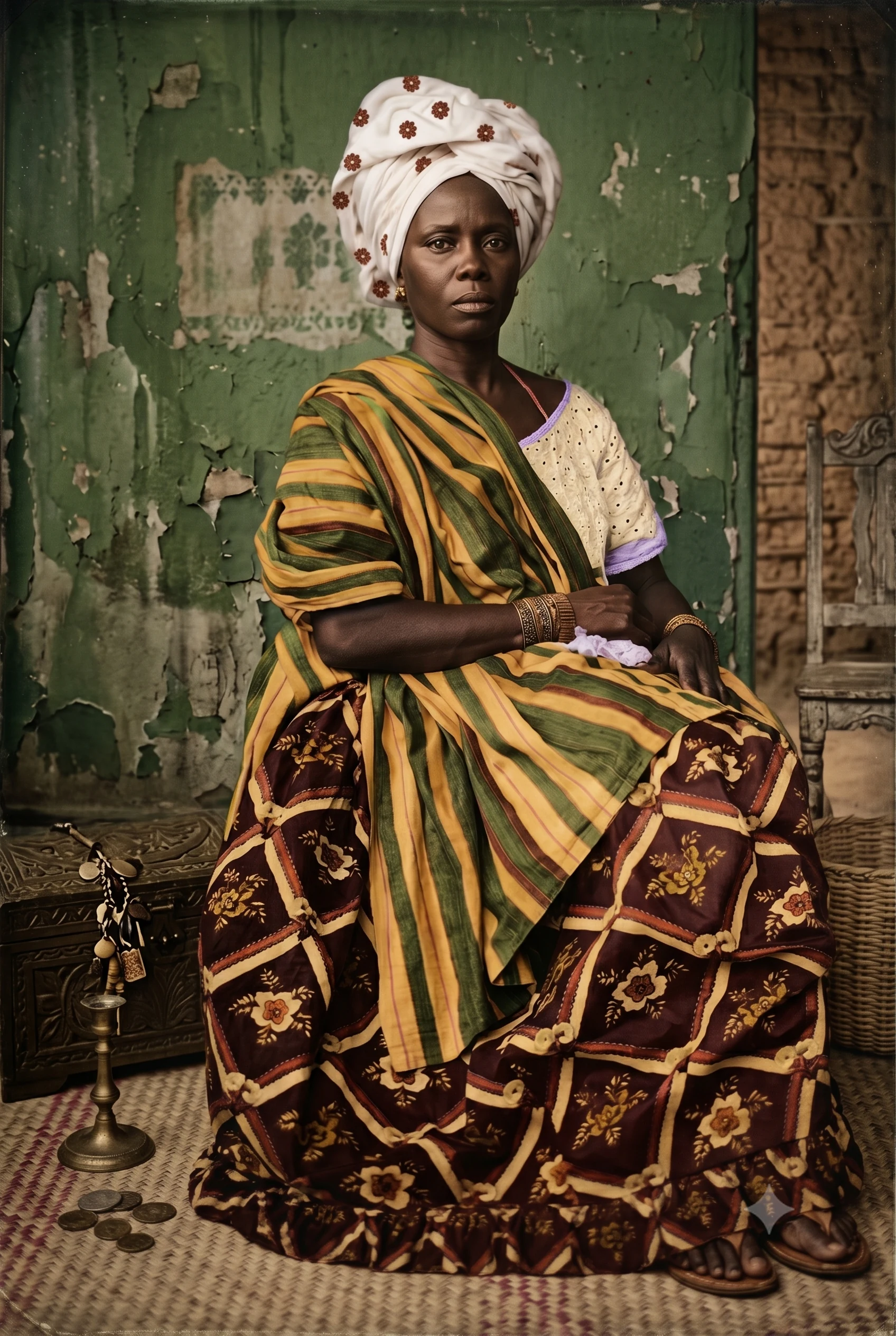 Retrato de mulher negra com turbante na peça Economia da liberdade.