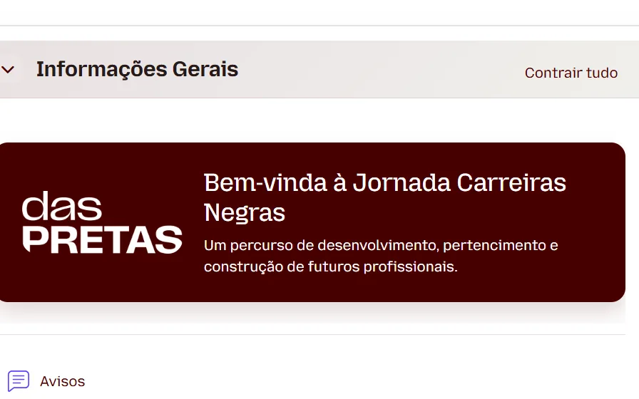 Página do curso da jornada dentro do portal, com boas-vindas e avisos