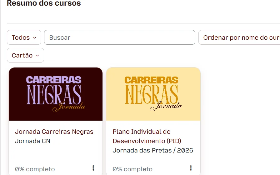 Painel de cursos dentro do portal de educação