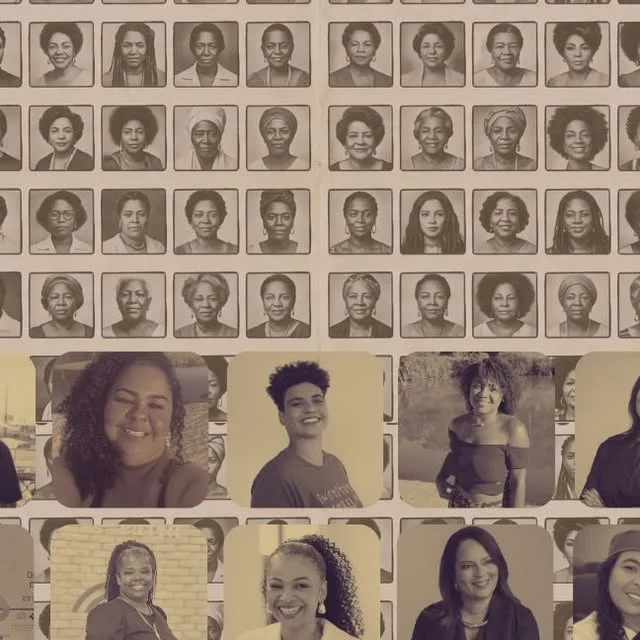Mosaico de retratos de mulheres negras na publicação Nós somos porque nós somos.